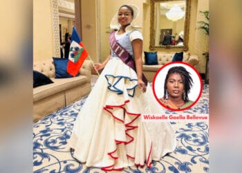 Caroline Zéphir portant la robe ‘Cathrine Flon’, création de Wiskaelle Gaelle Bellevue, lors de Arts Connects Women à Dubaï